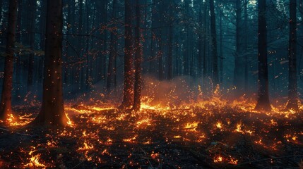 Glowing embers and flames consuming underbrush in a forest