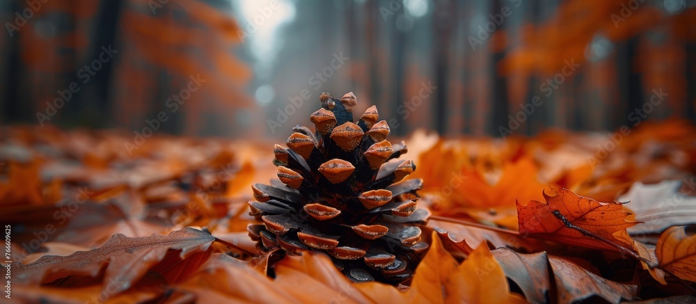 Poster a close-up view of a pine cone perched on top of a heap of fallen leaves in a natural setting.