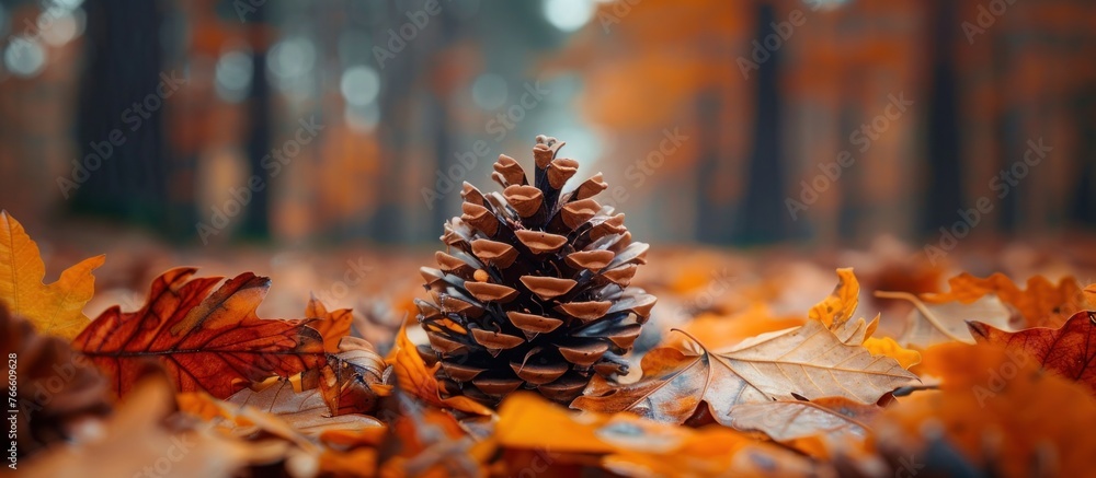 Poster a close-up view of a pine cone resting on a pile of autumn leaves in a natural setting.