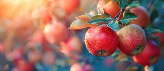 A cluster of ripe red apples hanging from the branches of a tree, ready for harvest.
