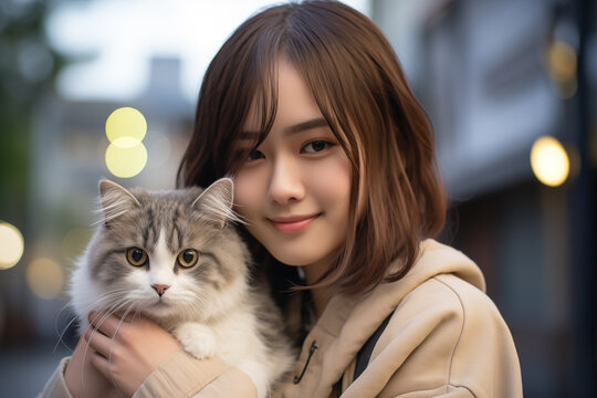 Teen pretty Japanese girl at outdoors with a cat