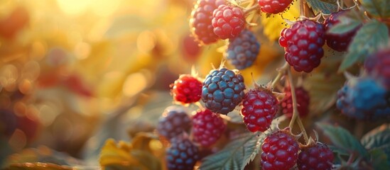 Juicy raspberries ripen on a bush under the warm sun, showcasing vibrant red hues and fuzzy...