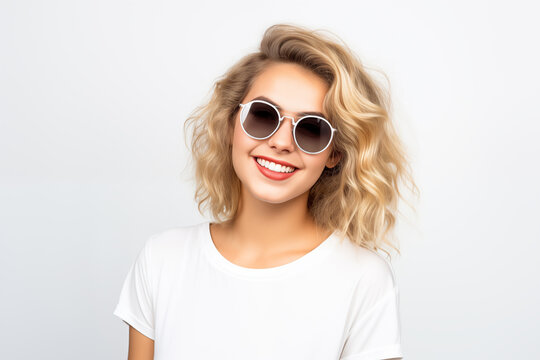 Young pretty blonde girl over isolated white background with sunglasses