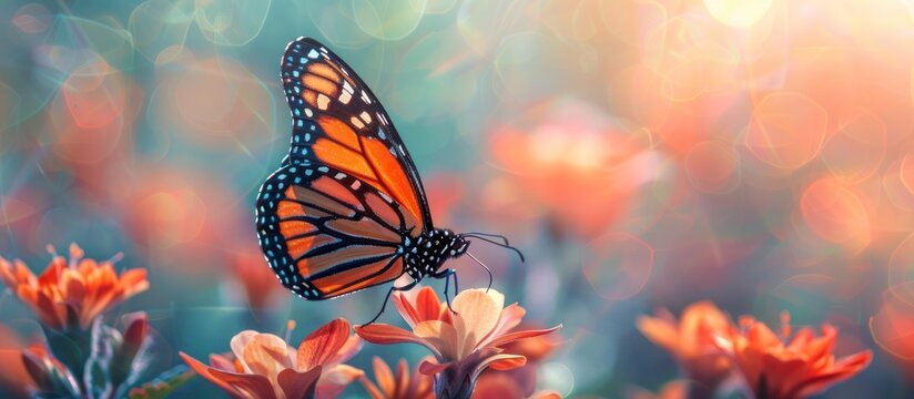 A majestic Monarch butterfly perched atop a flower, sipping nectar on a sunny day.
