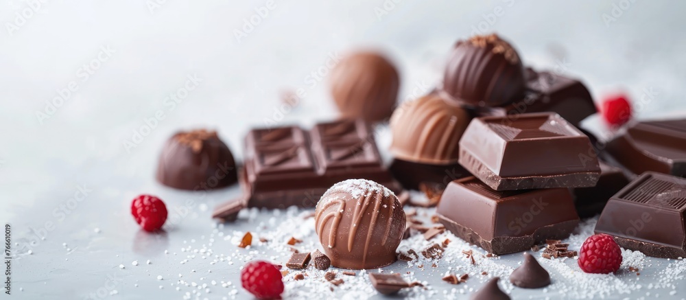 Aufkleber a pile of chocolates and raspberries arranged on a wooden table, creating a tempting display of swee