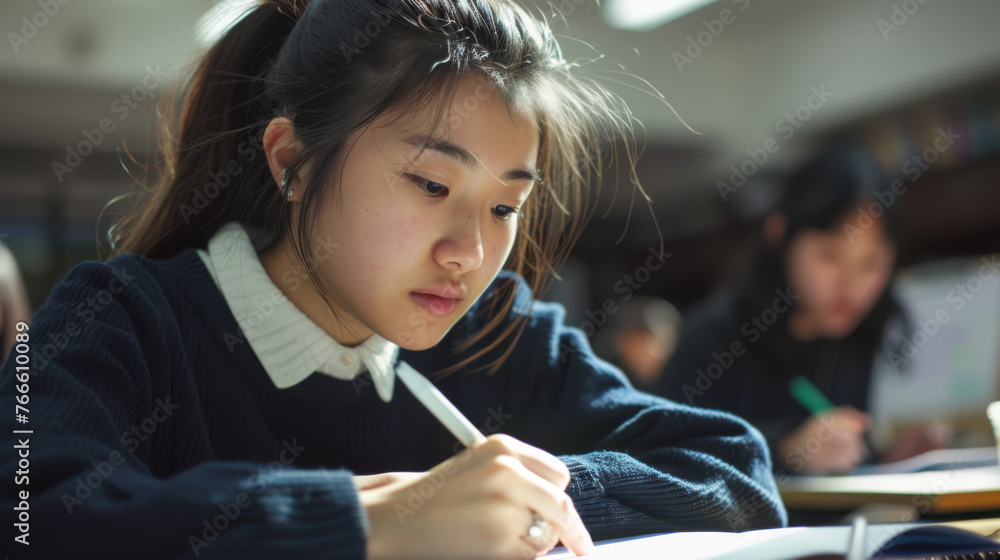 Poster student is writing an exam in a classroom setting.