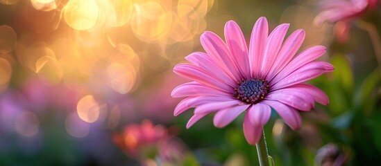 A pink flower is in full bloom, standing out against a blurred background.
