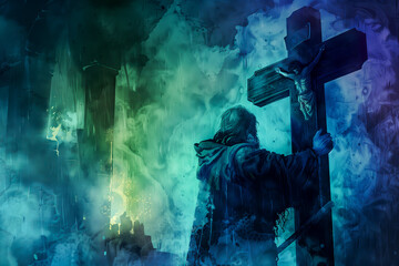 Jesus takes up his Cross. Digital watercolor painting illustration - obrazy, fototapety, plakaty