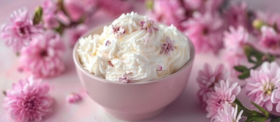 A bowl filled with whipped cream surrounded by vibrant pink flowers, creating a visually appealing contrast between the fluffy texture of the cream and the soft petals of the flowers.