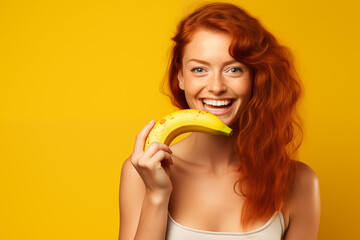 Young pretty Redhead girl over colorful background holding a banana