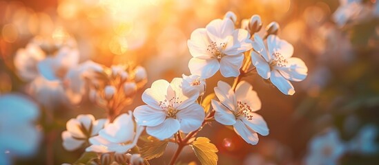 A cluster of white flowers blooming abundantly on a tree, creating a stunning display of natures beauty. - obrazy, fototapety, plakaty