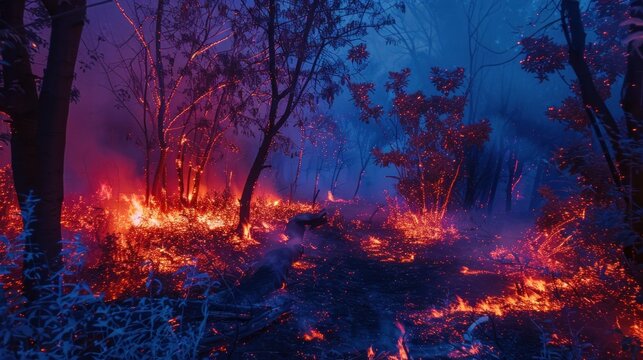 Infrared image of a forest fire at night, showcasing the hot spots