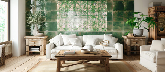 modern living room design with green vintage tile concept