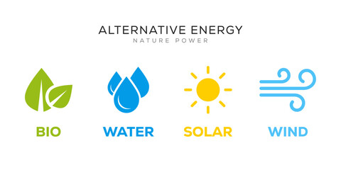 Alternative energy sources logo. Templates for renewable energy or ecology logos. Nature power symbols. Simple icons of alternative energy sources.