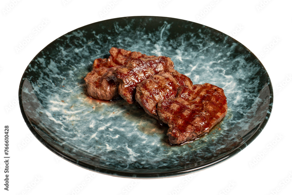 Wall mural freshly grilled beef tenderloin slices isolated on white background. slices of cooked tenderloin. hi