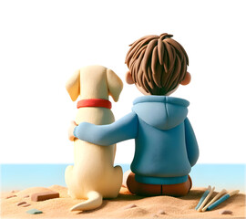 Personnage en pâte à modeler : chien et son maître de dos regardant la mer