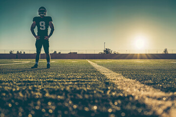 Pensive, stoic football player on the field ready for game