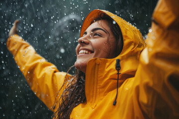 Joyful Woman in Rain with Yellow Raincoat - obrazy, fototapety, plakaty