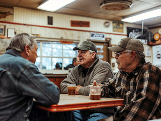 Fototapeta na wymiar Three senior men share camaraderie over coffee in a cozy diner, reflecting enduring friendship and a lifetime of stories.
