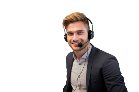 Young handsome blonde man with telemarketer headset on isolated chroma key background