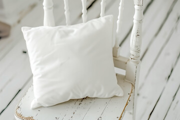 Mockup of white square cushion on white wooden vintage dining chair.
