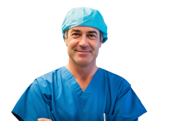 Middle aged man with doctor uniform on isolated chroma key background