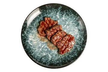 Freshly grilled beef tenderloin slices isolated on white background. Slices of cooked tenderloin. high quality photo. Top view