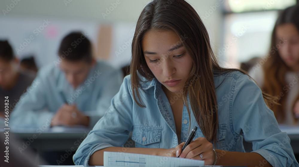 Poster student is writing an exam in a classroom setting.