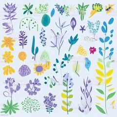 Obraz premium A collection of seamless pattern, colorful abstract plants and flowers. Hand drawn Collection of leaves and flowers. A close up of a pattern of flowers and leaves. 