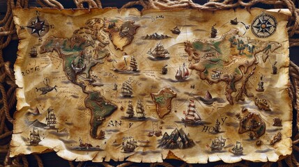 Pirate map on aged parchment with islands and sea monsters