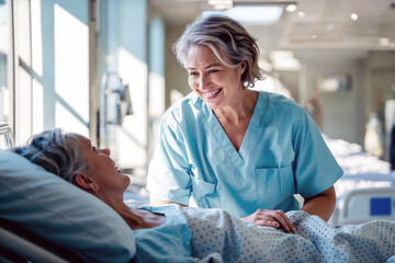 Experienced senior nurse shares a moment of joy with a patient in a sun-filled hospital room, reflecting skilled compassionate care.

 - obrazy, fototapety, plakaty