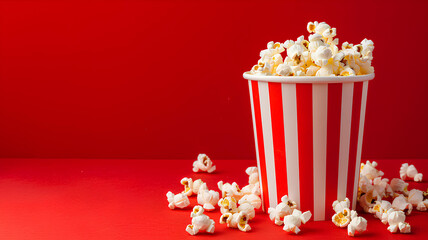 Paper cup with popcorn on red background