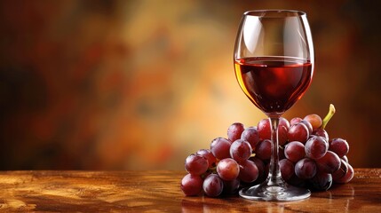 glass of red wine grapes on wooden table blurry background
