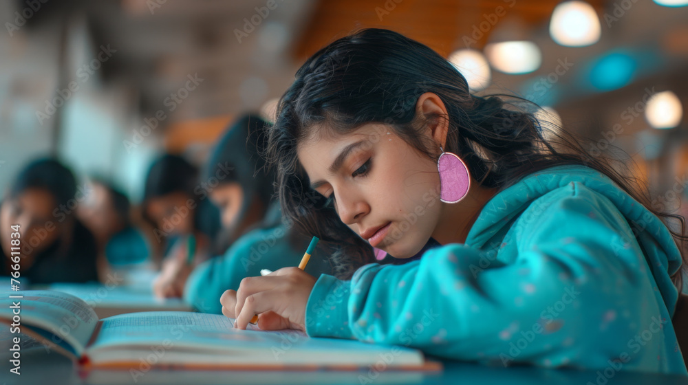 Poster student is writing an exam in a classroom setting.