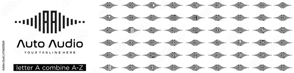 Poster set of audio logo design combined letter a with a to z and numbers from 1 to 9. vector illustration