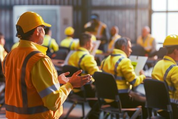 Industrial Safety Training Session: Engaged Workers Learning Hazard Prevention - Visualize a group of attentive industrial workers participating in a safety training session.