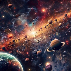A beautiful and colorful depiction of outer space, filled with stars, planets, and nebulas.