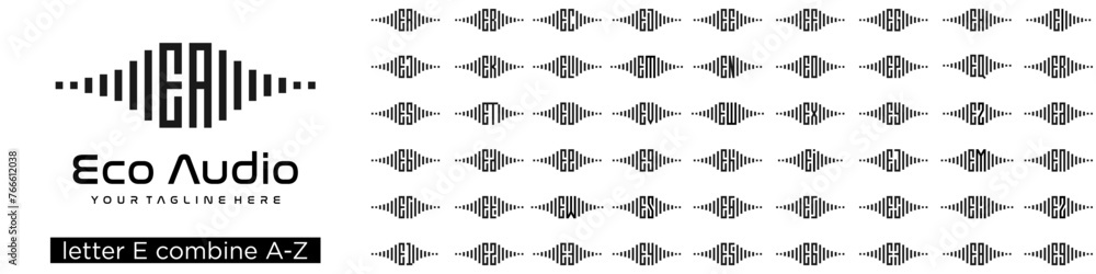 Poster set of audio logo design combined letter e with a to z and numbers from 1 to 9. vector illustration