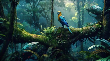 Blue and yellow macaw parrot in a lush green jungle with a sci-fi twist