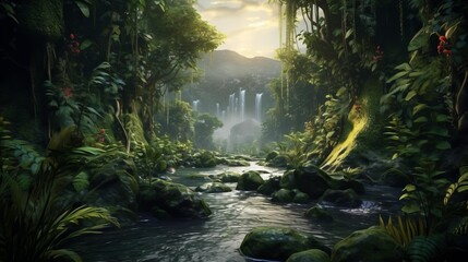 lush green jungle foliage near a river and waterfall in the valley