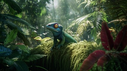 Bright blue lizard on mossy rock in jungle with exotic plants and flowers
