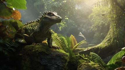 Green iguana on mossy rock in lush tropical jungle with sunlight filtering through trees - obrazy, fototapety, plakaty