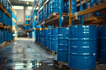 Drum Pallets of Liquid Chemicals in Blue Warehouse Ready for Delivery to Industrial Customers. Concept Chemical Industry, Warehouse Logistics, Shipping Operations, Industrial Safety - obrazy, fototapety, plakaty