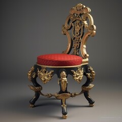 Ornate antique chair with red velvet cushion isolated on white background