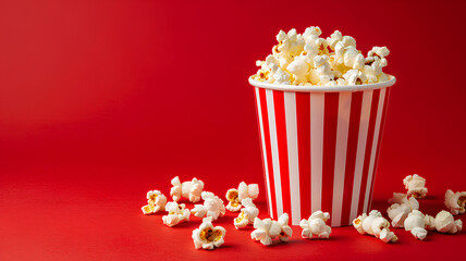 Paper cup with popcorn on red background