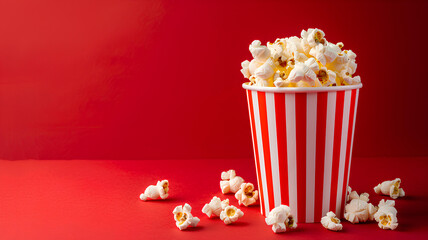 Paper cup with popcorn on red background