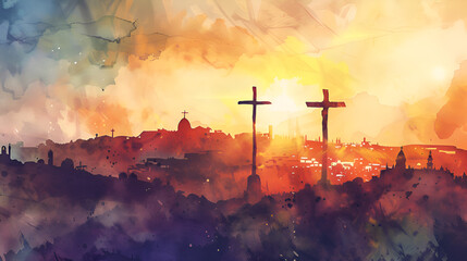 Easter, Golgotha, place of Skull, Jesus christ implar at sunset over the city. Crucifixion 