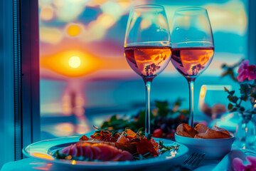 Summer love. Romantic sunset dinner on the beach. Table honeymoon set for two with luxurious food, glasses of rose wine drinks in a restaurant with sea view - obrazy, fototapety, plakaty