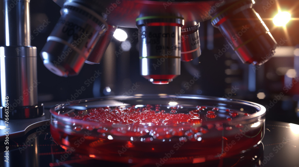 Poster a microscope focuses on samples in a petri dish against a lab backdrop.