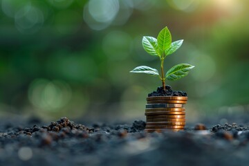 Young Plant Sprouting on Coins - Growth and Investment Concept - obrazy, fototapety, plakaty